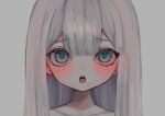  1girl bad_id bad_twitter_id blush green_eyes grey_background grey_hair highres image_sample long_hair looking_at_viewer mole mole_under_eye mole_under_mouth open_mouth original portrait shiona_(siona0625) solo straight-on straight_hair twitter_sample 
