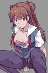  1girl ass blue_eyes bra breasts brown_hair cleavage collarbone commentary commentary_request crotch_seam hair_ornament kamisimo_90 long_hair neon_genesis_evangelion open_clothes open_shirt panties panties_under_pantyhose pantyhose pink_bra ribbon school_uniform shirt short_sleeves skirt smile souryuu_asuka_langley spread_legs tokyo-3_middle_school_uniform two_side_up underwear 