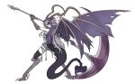  1girl absurdres arm_up bandages black_souls dragon_girl dragon_tail dragon_wings full_body highres holding holding_scythe horns jabberwock_(black_souls) large_horns patchwork_skin rabbit_king scythe solo tail talons torn_wings wings zombie 