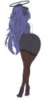  1girl alternate_hairstyle ass black_footwear black_ribbon black_skirt blue_archive brown_thighhighs commentary_request crossed_legs from_behind full_body hair_ribbon half_updo halo high_heels highres legs long_hair mechanical_halo pencil_skirt ponytail purple_hair ribbon shirokuma_a simple_background sketch skirt solo standing thighhighs very_long_hair white_background yuuka_(blue_archive) 