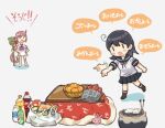  2girls akebono_(kancolle) black_hair black_sailor_collar black_skirt broom commentary_request food fruit grin groceries japanese_clothes kantai_collection kimono kotatsu long_hair mandarin_orange mochi multiple_girls official_alternate_costume pleated_skirt rabbit saiguchi_otoufu sailor_collar sailor_shirt school_uniform serafuku shirt skirt smile table translation_request ushio_(kancolle) white_shirt 