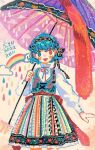  1girl blue_eyes cloud heterochromia holding holding_umbrella k0nfette looking_at_viewer mismatched_pupils rain rainbow red_eyes solo tatara_kogasa tongue tongue_out touhou umbrella 