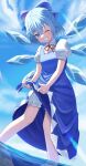  1girl ;d absurdres bloomers blue_bow blue_dress blue_eyes blue_hair blue_wings bow cirno collared_shirt crossed_bangs crystal_wings day dress feet_out_of_frame grin hair_between_eyes hair_bow happy highres light_rays neck_ribbon one_eye_closed outdoors pinafore_dress puffy_short_sleeves puffy_sleeves red_ribbon ribbon shirt short_hair short_sleeves sleeveless sleeveless_dress smile solo sparkle standing sunlight touhou wading water water_drop wet wet_clothes wet_dress white_bloomers white_shirt wings wringing_clothes yaki_tai 