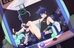  1boy androgynous armpit_crease armpits bare_shoulders black_shirt blue_hair bridal_gauntlets character_name chobonu dutch_angle foot_up full_body genshin_impact highres in_crane_game japanese_clothes leg_warmers legs looking_at_viewer male_focus no_shoes off_shoulder purple_eyes scaramouche_(genshin_impact) shirt short_hair short_shorts shorts skin_tight sleeveless sleeveless_shirt solo stirrup_legwear stuffed_animal stuffed_cat stuffed_toy sweatdrop thighs toeless_legwear toes toned toned_male wanderer_(genshin_impact) wide_sleeves 