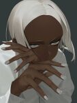  1girl absurdres amrkdrw blue_eyes dark-skinned_female dark_skin expressionless fingernails highres looking_to_the_side original parted_bangs shirt short_hair simple_background solo white_hair white_nails white_shirt 