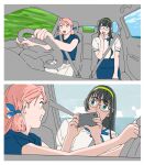  2girls akashi_(kancolle) black_hair blue_shirt blue_skirt blunt_tresses car_interior cellphone glasses green_eyes grin hair_ribbon hairband highres kantai_collection long_hair multiple_girls official_alternate_costume ojipon ooyodo_(kancolle) pants phone pink_hair ribbon right-hand_drive seatbelt semi-rimless_eyewear shirt skirt smile steering_wheel taking_picture tress_ribbon under-rim_eyewear white_pants white_shirt yellow_hairband 