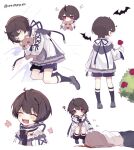  1boy 1girl black_shorts blood blush brown_hair chibi child death ensemble_stars! full_body highres legwear_garter long_sleeves male_child male_focus red_eyes ribbon sakuma_ritsu shirt short_hair shorts socks stuffed_animal stuffed_toy teddy_bear translation_request white_background white_shirt xinghuo 