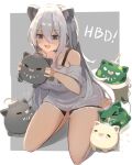  1girl animal_ears bangs black_bra black_choker black_shorts bomb border bra bra_strap breasts choker ear_piercing fangs grey_eyes grey_hair hair_between_eyes happy_birthday highres holding hololive kneeling large_breasts lion_ears lion_girl lion_tail long_hair outside_border piercing saliva saliva_trail shishiro_botan short_shorts shorts solarisu solo ssrb tail underwear virtual_youtuber white_border 