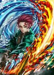  1boy artist_name checkered_haori closed_mouth demon_slayer_uniform earrings fire green_kimono hanafuda_earrings holding holding_sword holding_weapon japanese_clothes jewelry kamado_tanjirou katana kimetsu_no_yaiba kimono male_focus red_eyes red_hair scar scar_on_face scar_on_forehead short_hair slashing solo sword upper_body v-shaped_eyebrows vinrylgrave water watermark weapon 