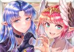  2girls absurdres black_choker blue_eyes blue_hair blush choker circe_(fate) donkikong_(pixiv17278003) fate/grand_order fate_(series) feathered_wings gloves hair_ornament head_wings heart heart_hands heart_hands_duo highres long_hair long_sleeves looking_at_viewer medea_(fate) multiple_girls open_mouth pink_hair pointy_ears short_hair smile wings 