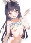  1girl absurdres animal_ears bikini bikini_top_lift black_hair blue_archive blush breasts bright_pupils clothes_lift fake_animal_ears fake_tail grey_halo halo highres leaf_print long_hair miyu_(blue_archive) miyu_(swimsuit)_(blue_archive) navel nipples open_mouth print_bikini rabbit_ears rabbit_tail red_eyes simple_background small_breasts solo subachi swimsuit tail white_background white_pupils 