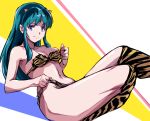  1girl animal_print bikini blue_eyes blue_hair breasts collarbone commentary_request cone_horns horns kamisimo_90 long_hair lum medium_breasts navel nipples pointy_ears print_bikini simple_background sitting smile solo strapless strapless_bikini swimsuit thighs tiger_print urusei_yatsura wardrobe_malfunction yellow_bikini 