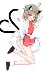  1girl :d animal_ear_fluff animal_ear_piercing animal_ears arm_up ass blush breasts brown_eyes brown_hair cat_ears cat_tail chen commentary_request dot_nose earrings eyelashes from_side full_body hands_up happy hat heart highres jewelry knees_together_feet_apart looking_at_viewer looking_to_the_side medium_breasts mob_cap multiple_tails nekomata open_mouth panties paw_pose puffy_short_sleeves puffy_sleeves red_skirt red_vest shiisuu_rattamu short_hair short_sleeves single_earring skirt skirt_set smile solo tail touhou two_tails underwear upskirt vest wind wind_lift 