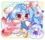  2girls ambiguous_red_liquid animal_ears bandages blue_bow blue_dress blue_hair bow cake cake_slice chibi cirno commission cup detached_wings dress fairy fairy_wings food hair_bow ice ice_wings indie_virtual_youtuber inukkomaru kine mallet multiple_girls para_(vtuber) para_(vtuber)_(2nd_costume) pinafore_dress rabbit_ears rabbit_tail red_eyes skeb_commission sleeveless sleeveless_dress tail touhou virtual_youtuber wide_sleeves wings yellow_footwear 