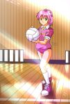  1girl artist_name buruma day green_eyes indoors kagetsu_too medium_hair pink_buruma pink_footwear pink_hair pink_shirt shirt shoes sneakers socks sunlight tokimeki_memorial tokimeki_memorial_2 volleyball white_socks yae_kaori 