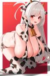  1girl all_fours animal_ears animal_print bare_shoulders bell bikini black_collar breasts bridal_gauntlets cleavage collar commission cow_ears cow_horns cow_print cow_print_bikini fake_animal_ears fake_horns foot_out_of_frame horns huge_breasts long_hair looking_at_viewer marota mole mole_under_mouth open_mouth original print_bikini red_background red_eyes side-tie_bikini_bottom sideboob skeb_commission smile swimsuit thighhighs twitter_username white_hair 