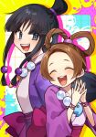  2girls :d ^_^ ace_attorney asymmetrical_hair bead_necklace beads black_hair border bracelet brown_hair closed_eyes colored_shadow cousins curtained_hair grid_background hair_beads hair_ornament hair_rings hanten_(clothes) highres jacket japanese_clothes jewelry katsuobushi_(eba_games) kimono light_blush long_hair low-tied_sidelocks magatama magatama_necklace maya_fey multiple_girls necklace own_hands_together paint_splatter pearl_fey pink_jacket purple_jacket purple_sash sash shadow sidelocks smile topknot white_background white_kimono wide_sleeves yellow_border 