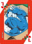 abs anthro bandai_namco bdsm blue_body bound box butt card cardboard cardboard_box container digimoji digimon digimon_(species) exveemon hi_res male muscular muscular_anthro muscular_male nipples nude packing_peanuts pecs playing_card roaringmoon solo suit_symbol