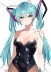  1girl animal_ears anzu_(x_anzu_ill) aqua_eyes aqua_hair black_leotard detached_sleeves fake_animal_ears hatsune_miku highres leotard long_hair pantyhose playboy_bunny rabbit_ears solo strapless strapless_leotard twintails very_long_hair vocaloid 