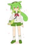  1girl :3 beret blush bow brown_eyes food-themed_bag full_body green_hair hair_bow hat loafers long_hair long_sleeves looking_at_viewer low_ponytail nakkasu neckerchief petals ponytail sailor_collar shoes shorts smile socks solo very_long_hair voicevox zundamon 