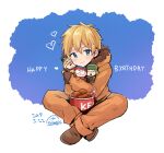  1boy blonde_hair blue_eyes blush character_doll chicken_(food) dated doll eric_cartman food fur-trimmed_hood fur_trim gloves haizai happy_birthday holding holding_doll hood hood_down indian_style jacket kenny_mccormick kfc kyle_broflovski looking_at_viewer male_focus ribbon short_hair sitting smile south_park stan_marsh 