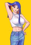  1girl alternate_costume arm_behind_head blue_hair blue_pants breasts denim earrings hand_on_own_hip highres jeans jewelry kantai_collection large_breasts lips midriff multicolored_hair navel nidou one-hour_drawing_challenge pants parted_bangs red_hair simple_background smile solo south_dakota_(kancolle) star_(symbol) tank_top white_hair white_tank_top yellow_background 