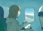  1girl 1other airplane_interior airplane_wing brown_eyes brown_hair cellphone commentary day grey_jacket highres holding holding_phone indoors jacket korean_commentary long_sleeves medium_hair ooos_man open_mouth original out_of_frame phone profile sitting sky smartphone solo_focus 