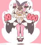  1girl animal_ears arms_up bat_ears bat_girl bat_wings brown_hair brown_long-eared_bat_(kemono_friends) coroha elbow_gloves extra_ears fingerless_gloves full_body gloves grey_hair jumping kemono_friends kemono_friends_v_project leotard long_hair microphone pantyhose pink_background shoes simple_background skirt solo virtual_youtuber wings 