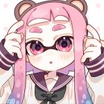  1girl :o animal_ear_hairband animal_ears arms_up bear_ears black_neckerchief blue_hair blunt_bangs blush brown_hairband commentary_request dot_nose fake_animal_ears gradient_hair hairband halftone inkling inkling_girl inkling_player_character long_hair looking_at_viewer multicolored_hair neckerchief open_mouth pink_eyes pink_hair polka_dot polka_dot_background portrait purple_sailor_collar sahata_saba sailor_collar sailor_shirt shirt signature solo splatoon_(series) splatoon_3 straight-on tentacle_hair thick_eyebrows two-tone_hair white_background white_shirt 