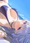  1girl absurdres armpit_crease bad_anatomy bare_shoulders bikini blue_archive blue_bikini blue_sky blush breasts cleavage close-up closed_mouth cloud collarbone day dot_nose dutch_angle from_above grey_hair halterneck hido88 highres horizon large_breasts long_hair looking_at_viewer looking_to_the_side looking_up lying navel noa_(blue_archive) ocean on_back outdoors purple_eyes sideboob sky smile solo swimsuit thick_eyelashes 