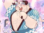 abs anthro behemoth_(tas) blush electronics eyebrows fur hair happi_(clothing) hi_res horn lifewonders male microphone monster muscular muscular_anthro muscular_male pecs purple_hair sawch_cls singing smile solo thick_eyebrows tokyo_afterschool_summoners white_body white_fur