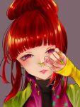  1girl absurdres blunt_bangs earrings gnosia heart heart_earrings heart_tattoo high_ponytail highres jewelry long_hair long_sleeves looking_at_viewer mogi_gimo multicolored_nails nail_polish purple_eyes red_eyes red_hair solo sq_(gnosia) tattoo upper_body 