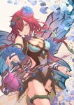  1girl artist_name atoatto breasts cleavage covered_navel facial_mark fairy fairy_wings fire_emblem fire_emblem_heroes flower hair_flower hair_ornament hair_over_one_eye hip_vent looking_at_viewer medium_breasts petals purple_eyes red_hair short_hair solo triandra_(fire_emblem) wings 