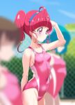  3girls absurdres ahoge backless_swimsuit blue_hairband blue_sky blurry blurry_background blurry_foreground blush breasts chain-link_fence closed_mouth commentary competition_swimsuit covered_navel day depth_of_field fence hair_bobbles hair_ornament hairband hand_on_own_head highres hoshina_hikaru light_frown looking_to_the_side medium_hair miyabikawa_sakura multiple_girls one-piece_swimsuit outdoors pink_eyes pink_hair pink_one-piece_swimsuit precure school_swimsuit sky small_breasts standing star_twinkle_precure swimsuit twintails wet 