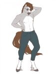 3:4 anthro belly blaze_(marking) bottomwear brown_hair clothed clothing dallas_prairiewind denim denim_bottomwear denim_clothing equid equine eyewear facial_markings fur grey_body grey_fur hair hand_behind_head head_markings hi_res hooves horse jeans leg_markings male mammal markings maryvic pants simple_background socks_(marking) solo sunglasses topless topless_male visible_underwear white_belly