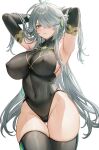  1girl alhaitham_(genshin_impact) alpaitham armpits arms_up black_leotard black_thighhighs blush breasts cameltoe commentary elbow_gloves genderswap genderswap_(mtf) genshin_impact gloves green_eyes grey_hair hair_over_one_eye highres jewelry large_breasts leotard long_hair looking_at_viewer parted_lips shiny_clothes sideboob sidelighting skin_tight skindentation solo standing symbol-only_commentary thick_thighs thighhighs thighs very_long_hair white_background 