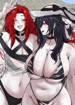  2girls absurdres bikini black_choker black_hair breasts choker curvy hat highres honey_(kuayrenaiz) huge_breasts k_(kuayrenaiz) kurenaiz_(kuayrenaiz) long_hair mole mole_on_breast multiple_girls navel original red_eyes red_hair stretch_marks swimsuit two-tone_bikini 