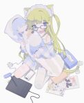  1girl animal_ear_fluff animal_ears bandaid bandaid_on_leg bangs black-framed_eyewear blonde_hair blue_eyes blue_shirt cable cat_ears cat_girl cat_tail cellphone cuts daizu_(melon-lemon) dakimakura_(object) drawing_tablet extra_ears full_body gingham gingham_shirt glasses highres holding holding_pillow injury long_hair long_sleeves looking_at_viewer maid_headdress object_hug off_shoulder original parted_lips phone pillow pillow_hug rectangular_eyewear remote_control_vibrator self_harm sex_toy shirt simple_background single_thighhigh sitting sleeves_past_wrists smartphone solo spaghetti_strap tail thighhighs tissue_box unmoving_pattern used_tissue very_long_hair vibrator vibrator_cord white_background white_shirt white_thighhighs 