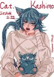  1boy absurdres animal_ears animal_hands animalization bandaged_arm bandaged_leg bandages blue_eyes blue_hair blue_horns blue_tail cat cat_boy cat_day cat_ears cat_tail character_name closed_mouth english_text extra_eyes fangs hair_between_eyes hand_on_own_chin hand_to_own_mouth highres horns jujutsu_kaisen long_hair looking_up male_focus messy_hair open_mouth shirt sitting solo tail tsuji_ko00 twitter_username wavy_mouth white_background white_shirt 
