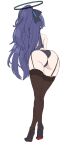  1girl alternate_hairstyle ass black_bra black_footwear black_panties black_ribbon blue_archive bra brown_thighhighs commentary_request crossed_legs curvy from_behind full_body garter_straps hair_ribbon half_updo halo high_heels highres legs long_hair mechanical_halo panties ponytail purple_hair ribbon shirokuma_a simple_background sketch solo standing thigh_gap thighhighs thighs underwear very_long_hair white_background yuuka_(blue_archive) 