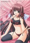  absurdres ahoge angel_wings bed bra breasts brown_eyes brown_hair cleavage fang hair_ribbon highres lingerie lisianthus long_hair medium_breasts navel nishimata_aoi official_art open_mouth panties ribbon scan shuffle! side-tie_panties smile solo stomach thighhighs underwear underwear_only wings 