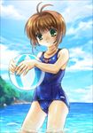  ball beach beachball blush card_captor_sakura child green_eyes highres kinomoto_sakura moonknives mutsuki_(moonknives) school_swimsuit swimsuit swimsuits wet 