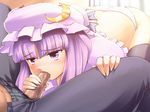  ass censored crescent fellatio hat highres long_hair mosaic_censoring oral panties patchouli_knowledge penis purple_eyes purple_hair solo_focus tdk thighhighs touhou underwear 
