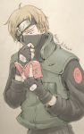  1boy abbey_aikawa artist_name blonde_hair blue_eyes book commentary_request cosplay covered_mouth fingerless_gloves forehead_protector gloves hand_on_own_chin hands_up hatake_kakashi hatake_kakashi_(cosplay) high_collar highres holding holding_book jacket long_sleeves looking_down male_focus mask naruto_(series) one_eye_covered one_piece open_book pouch reading sanji short_hair sidelocks solo upper_body vest 