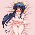  alternate_hairstyle areolae bangs bespectacled black_hair blunt_bangs blush bow breast_hold breasts brown_eyes cleavage crossed_arms glasses hair_bow houraisan_kaguya ikue_fuuji large_breasts long_hair nose_blush nude ponytail pussy shiny shiny_skin solo straight_hair thigh_gap touhou very_long_hair 
