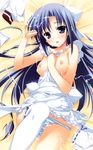  absurdres apron blue_eyes blue_hair breasts cum daiuchuu_no_hokori highres long_hair maria_do_arcadia medium_breasts naked_apron nipples nude panties ribbon ribbon-trimmed_legwear ribbon_trim solo striped striped_panties thighhighs underwear very_long_hair yuuki_hagure 