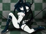  an-bl bdsm black_hair black_rock_shooter black_rock_shooter_(character) blue_eyes blush bondage boots bound breasts chain coat dead_master fingering glowing glowing_eyes hand_under_clothes hand_under_shorts knee_boots long_hair medium_breasts multiple_girls navel nipple_tweak nipples one_eye_closed pale_skin pussy_juice scar short_shorts shorts smile sweat twintails wince yuri 