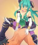  anal anshinmama aqua_hair armor blush breasts closed_eyes elbow_gloves femdom gloves green_leotard jpeg_artifacts kurea_(shinrabanshou) leotard open_mouth pantyhose pegging sex shinrabanshou small_breasts solo_focus tail tail_insertion tail_rape 