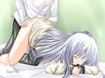  1girl all_fours angel_beats! bad_id bad_pixiv_id blazer blush bottomless bow bow_panties closed_eyes cum cum_in_pussy doggystyle hetero jacket panties panties_around_one_leg school_uniform sex silver_hair solo_focus tabuchi_(tabuchisanchi) tenshi_(angel_beats!) underwear white_panties 