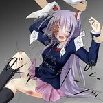  1girl animal_ears black_legwear blazer blood blush bruise bunny_ears closed_eyes disembodied_penis guro hetero injury jacket kneehighs long_hair necktie open_mouth penis penis_in_eye purple_hair reisen_udongein_inaba rionoil skirt skull_fucking socks solo_focus tears touhou 